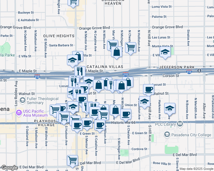 map of restaurants, bars, coffee shops, grocery stores, and more near 258 North Wilson Avenue in Pasadena