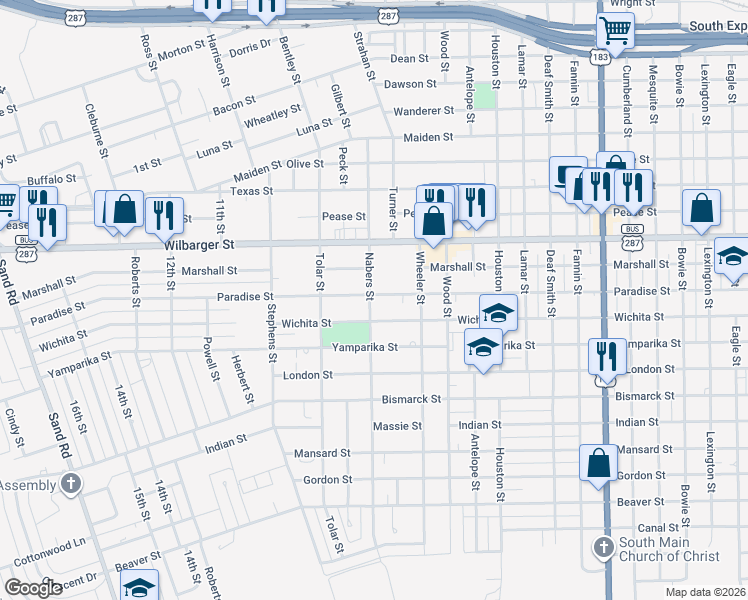 map of restaurants, bars, coffee shops, grocery stores, and more near 2019 Nabers Street in Vernon