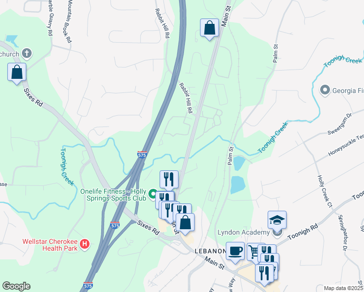map of restaurants, bars, coffee shops, grocery stores, and more near 4414 Old Highway 5 in Canton