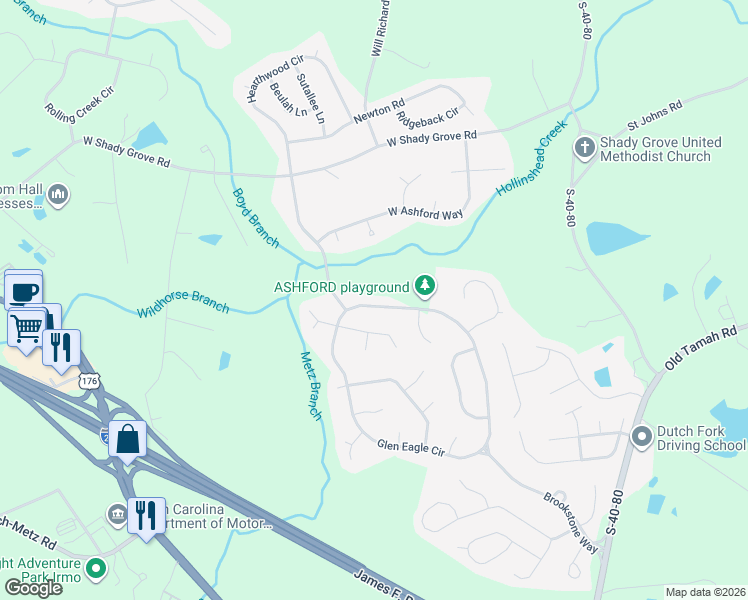 map of restaurants, bars, coffee shops, grocery stores, and more near 348 Glen Eagle Circle in Irmo