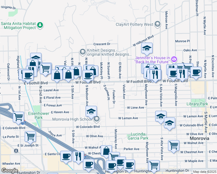 map of restaurants, bars, coffee shops, grocery stores, and more near 128 Fowler Drive in Monrovia