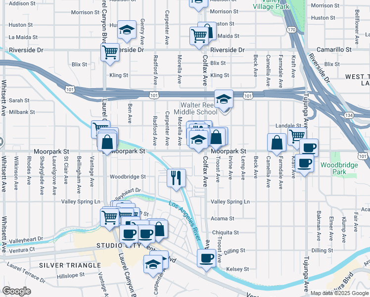 map of restaurants, bars, coffee shops, grocery stores, and more near 11747 Moorpark Street in Los Angeles