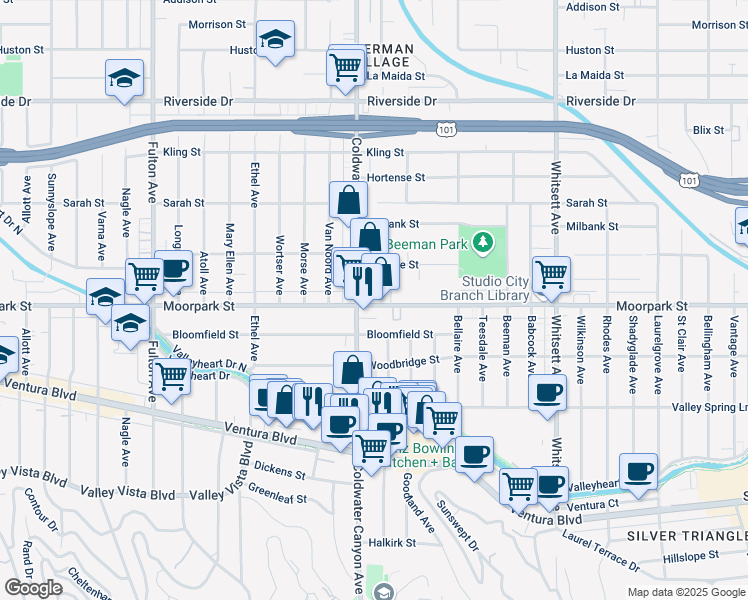 map of restaurants, bars, coffee shops, grocery stores, and more near 12851 Moorpark Street in Los Angeles