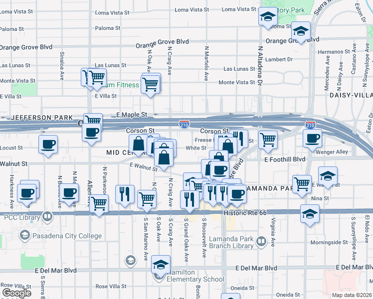 map of restaurants, bars, coffee shops, grocery stores, and more near 2210 White Street in Pasadena