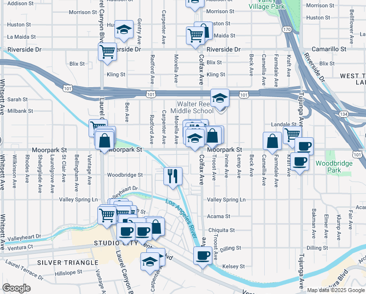 map of restaurants, bars, coffee shops, grocery stores, and more near 11735 Moorpark Street in Los Angeles