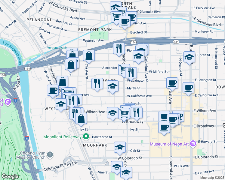 map of restaurants, bars, coffee shops, grocery stores, and more near 536 Myrtle Street in Glendale