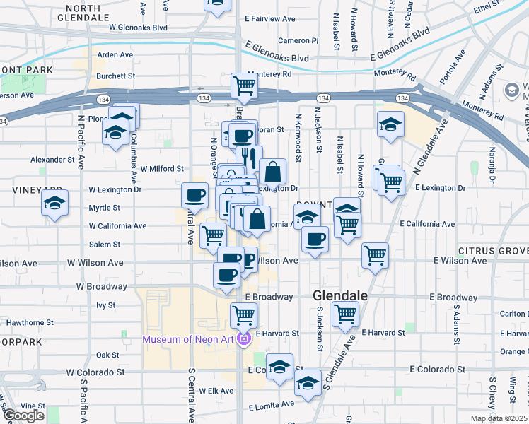 map of restaurants, bars, coffee shops, grocery stores, and more near 316 North Maryland Avenue in Glendale