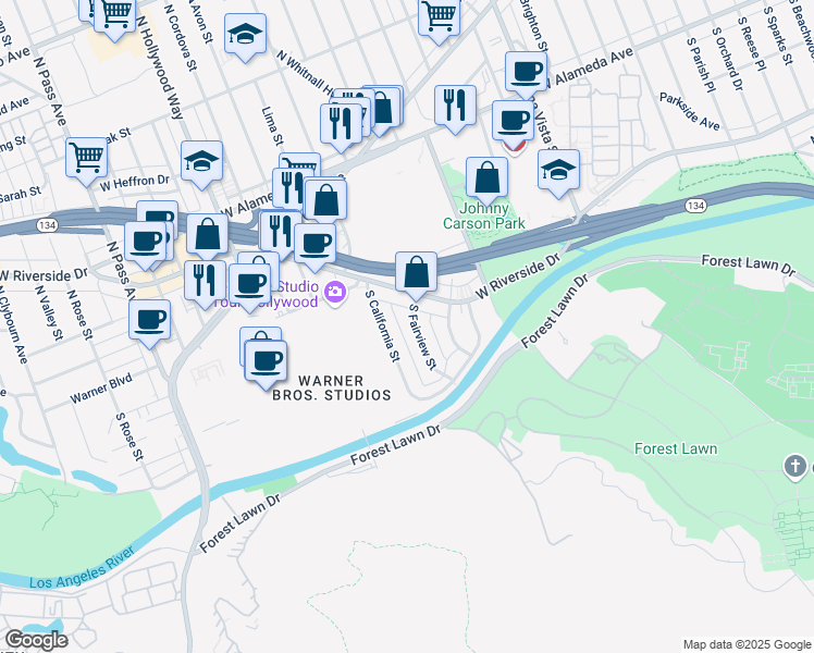 map of restaurants, bars, coffee shops, grocery stores, and more near 348 South California Street in Burbank