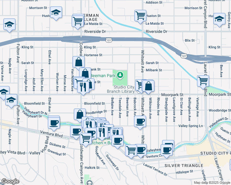 map of restaurants, bars, coffee shops, grocery stores, and more near 12659 Moorpark Street in Los Angeles
