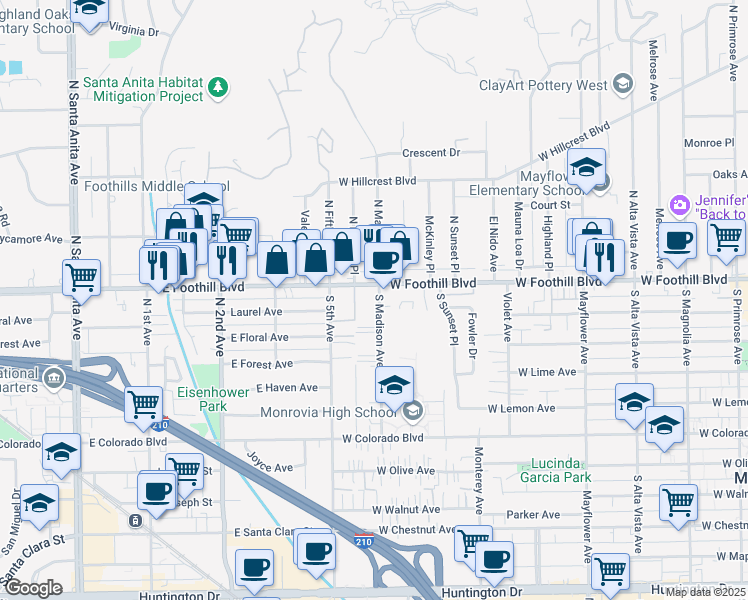 map of restaurants, bars, coffee shops, grocery stores, and more near 115 South Madison Avenue in Monrovia