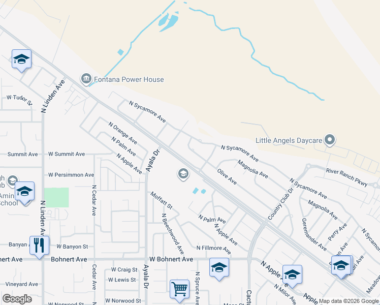 map of restaurants, bars, coffee shops, grocery stores, and more near 5644 Olive Avenue in Rialto