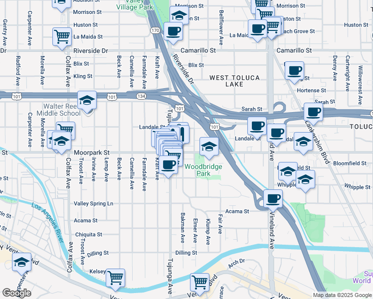 map of restaurants, bars, coffee shops, grocery stores, and more near 11315 Moorpark Street in Studio City