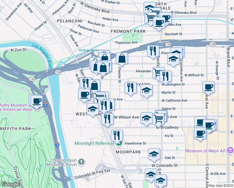map of restaurants, bars, coffee shops, grocery stores, and more near 315 Chester Street in Glendale
