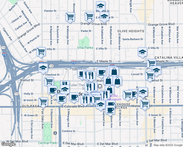 map of restaurants, bars, coffee shops, grocery stores, and more near in Pasadena