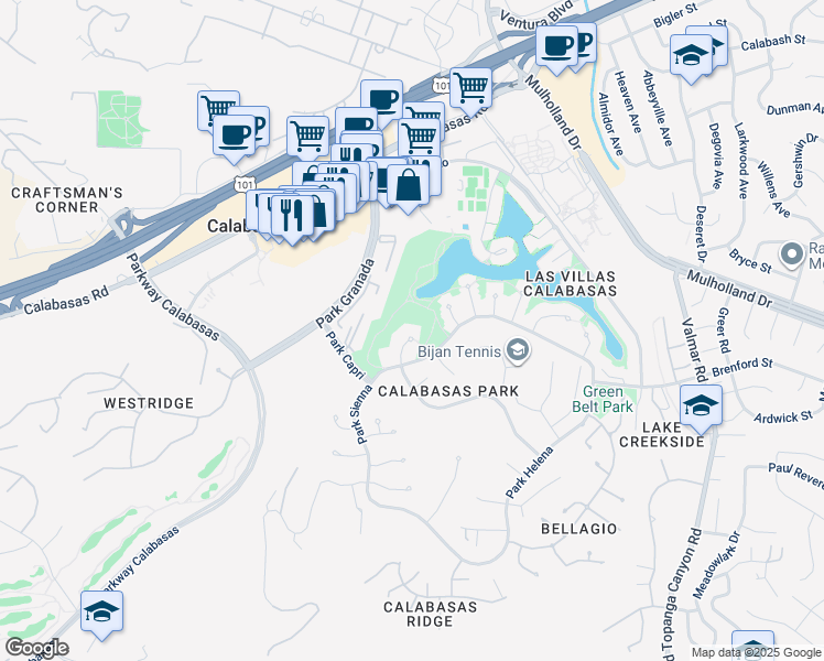 map of restaurants, bars, coffee shops, grocery stores, and more near 4532 Park Monaco in Calabasas