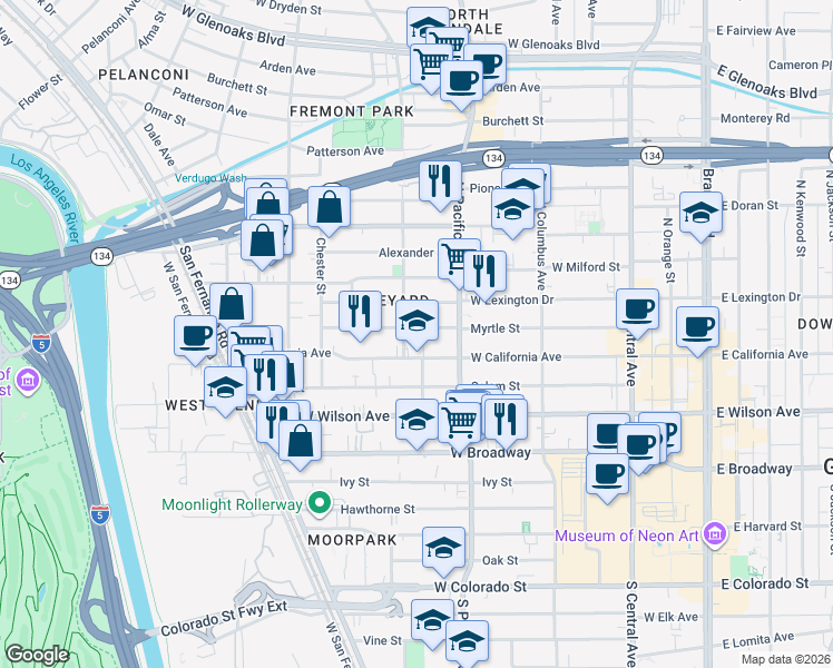 map of restaurants, bars, coffee shops, grocery stores, and more near 536 Myrtle Street in Glendale
