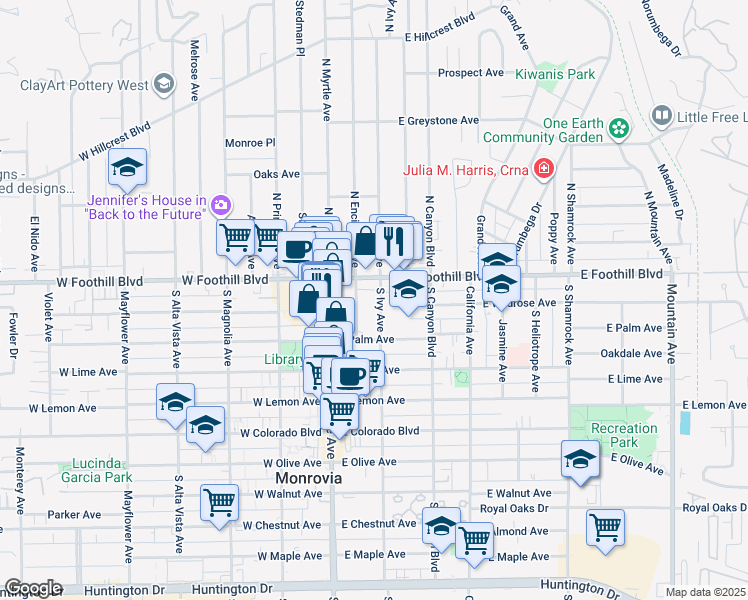 map of restaurants, bars, coffee shops, grocery stores, and more near 123 South Ivy Avenue in Monrovia