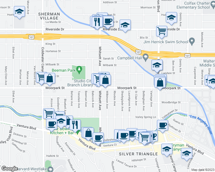 map of restaurants, bars, coffee shops, grocery stores, and more near 12433 Moorpark Street in Los Angeles