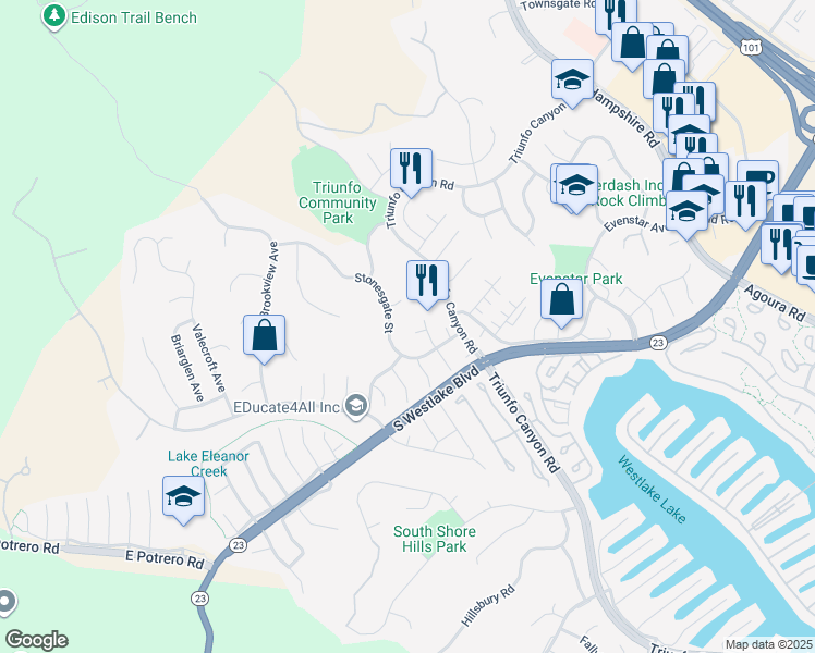map of restaurants, bars, coffee shops, grocery stores, and more near 1975 Stonecroft Court in Westlake Village