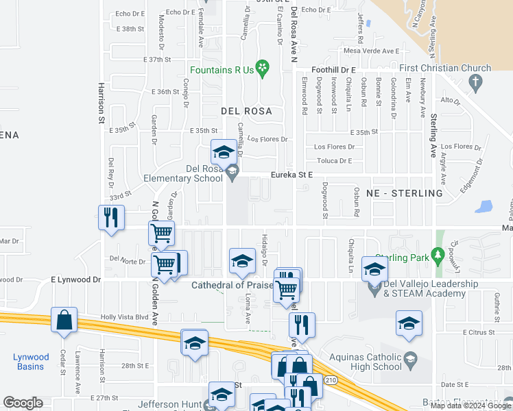 map of restaurants, bars, coffee shops, grocery stores, and more near Unnamed Road in San Bernardino