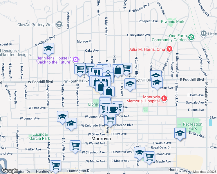 map of restaurants, bars, coffee shops, grocery stores, and more near 126 South Myrtle Avenue in Monrovia