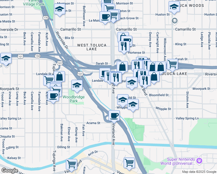 map of restaurants, bars, coffee shops, grocery stores, and more near 4404 Ensign Avenue in Los Angeles