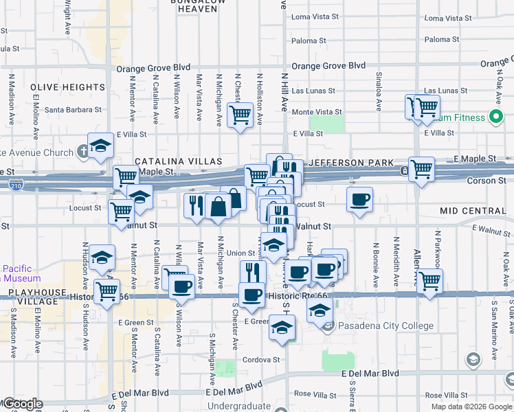 map of restaurants, bars, coffee shops, grocery stores, and more near 267 North Holliston Avenue in Pasadena
