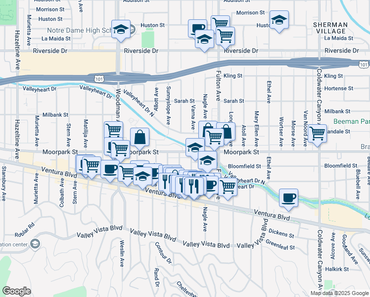map of restaurants, bars, coffee shops, grocery stores, and more near 13411 Moorpark Street in Los Angeles