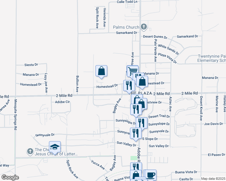 map of restaurants, bars, coffee shops, grocery stores, and more near 73522 2 Mile Road in Twentynine Palms