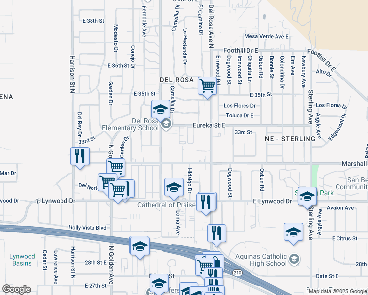 map of restaurants, bars, coffee shops, grocery stores, and more near Unnamed Road in San Bernardino