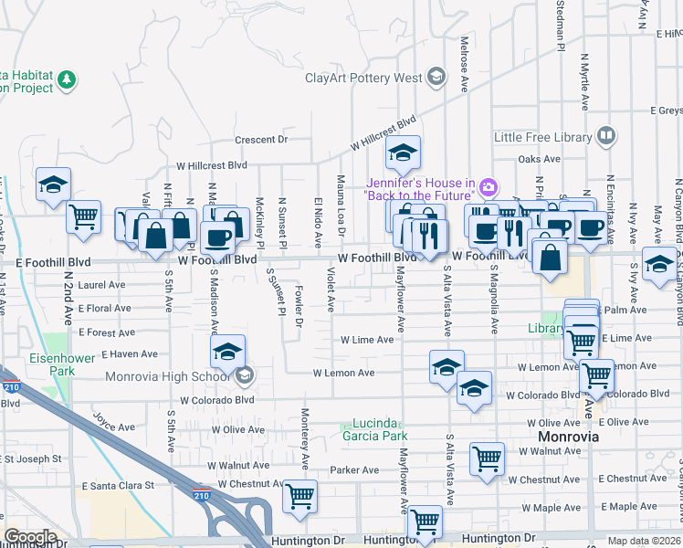 map of restaurants, bars, coffee shops, grocery stores, and more near 120 Violet Avenue in Monrovia