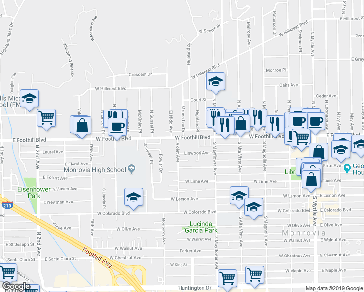 map of restaurants, bars, coffee shops, grocery stores, and more near 120 Violet Avenue in Monrovia