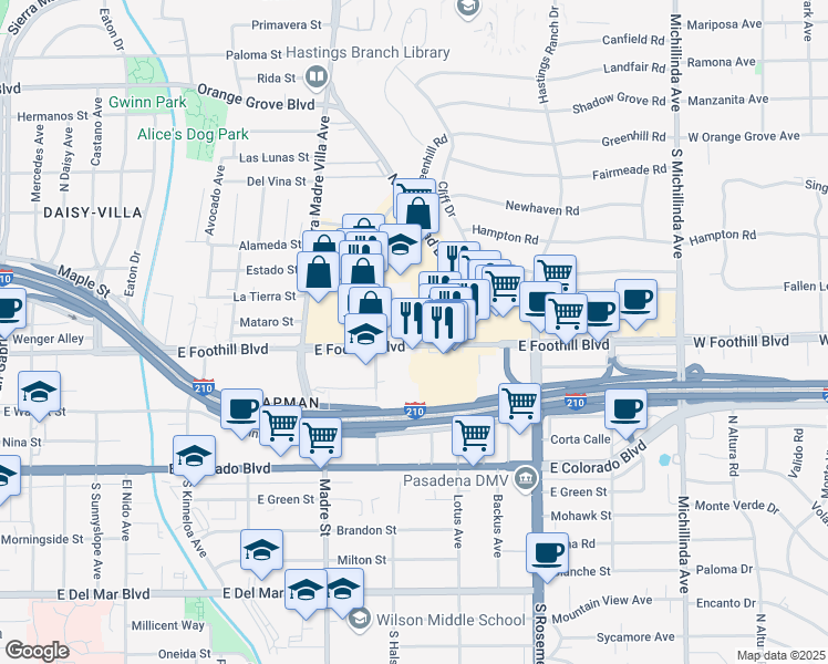 map of restaurants, bars, coffee shops, grocery stores, and more near 3475 East Foothill Boulevard in Pasadena