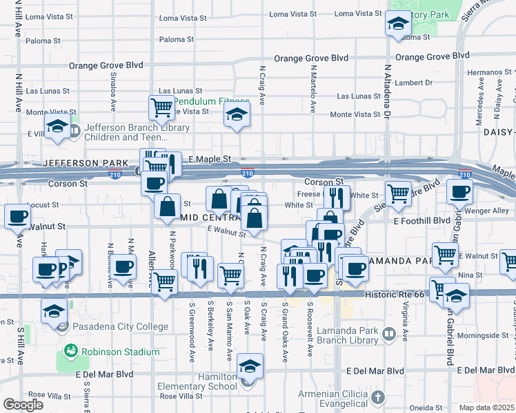 map of restaurants, bars, coffee shops, grocery stores, and more near 2085 East Foothill Boulevard in Pasadena