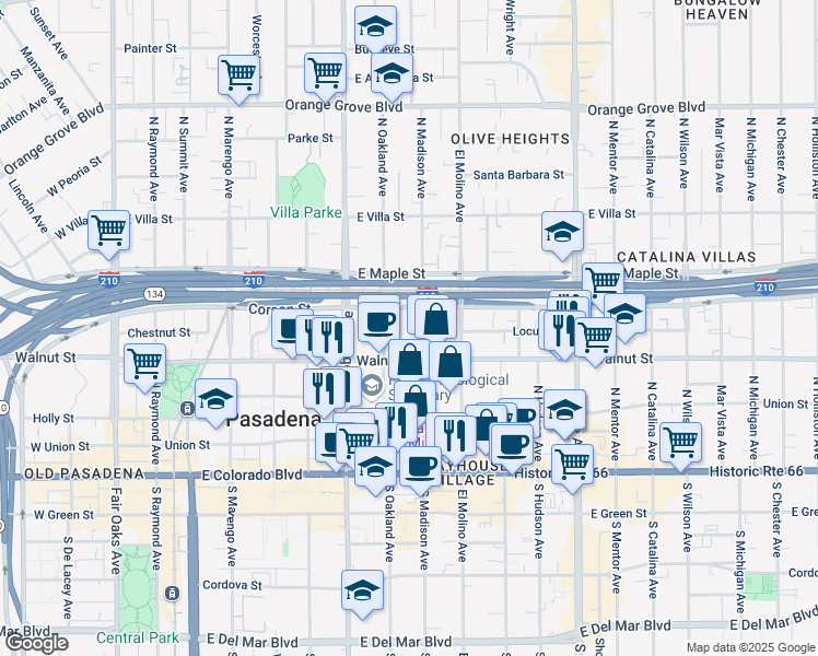 map of restaurants, bars, coffee shops, grocery stores, and more near 274 North Madison Avenue in Pasadena