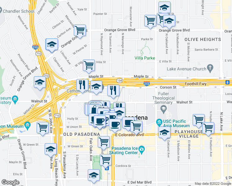 map of restaurants, bars, coffee shops, grocery stores, and more near 145 Chestnut Street in Pasadena