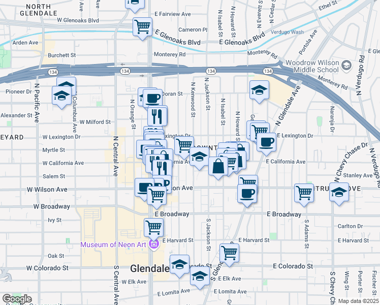map of restaurants, bars, coffee shops, grocery stores, and more near 320 North Kenwood Street in Glendale