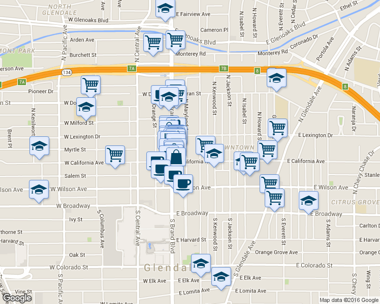 map of restaurants, bars, coffee shops, grocery stores, and more near 319 North Maryland Avenue in Glendale