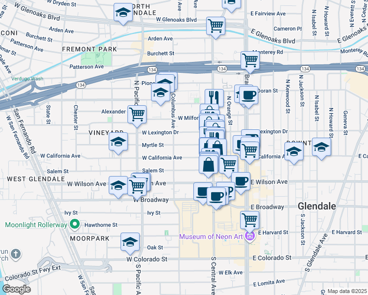 map of restaurants, bars, coffee shops, grocery stores, and more near 350 Myrtle Street in Glendale