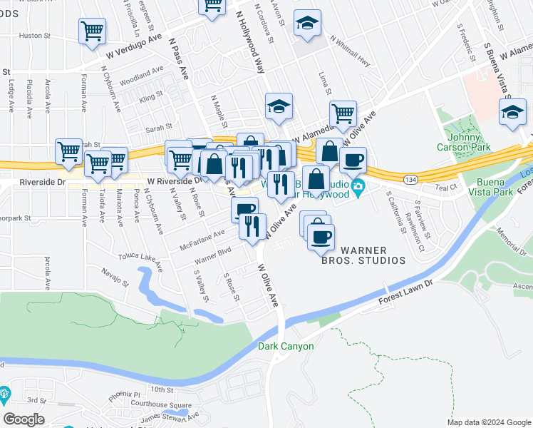 map of restaurants, bars, coffee shops, grocery stores, and more near 125 North Maple Street in Burbank