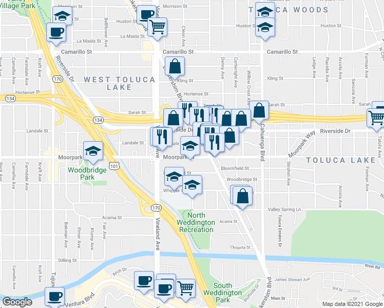 map of restaurants, bars, coffee shops, grocery stores, and more near 10901 Moorpark Street in Los Angeles
