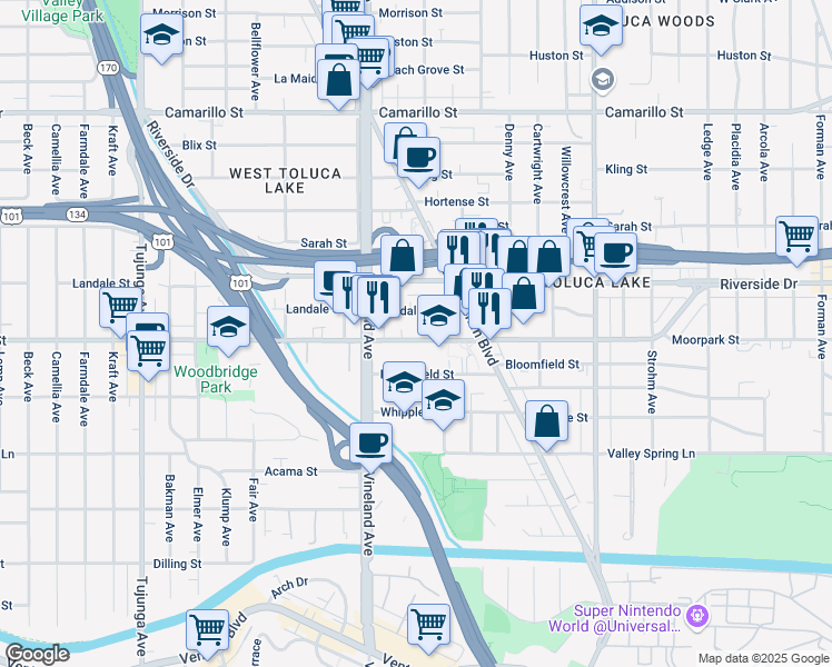 map of restaurants, bars, coffee shops, grocery stores, and more near 10901 Moorpark Street in Los Angeles