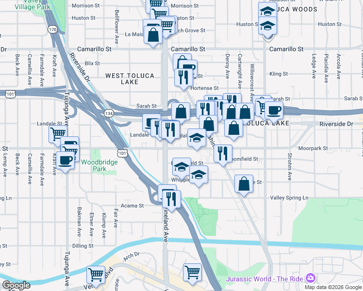 map of restaurants, bars, coffee shops, grocery stores, and more near 10923 Moorpark Street in Los Angeles