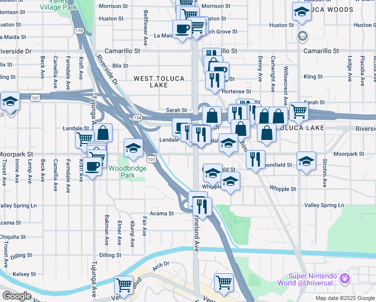 map of restaurants, bars, coffee shops, grocery stores, and more near 4404 Ensign Avenue in Los Angeles