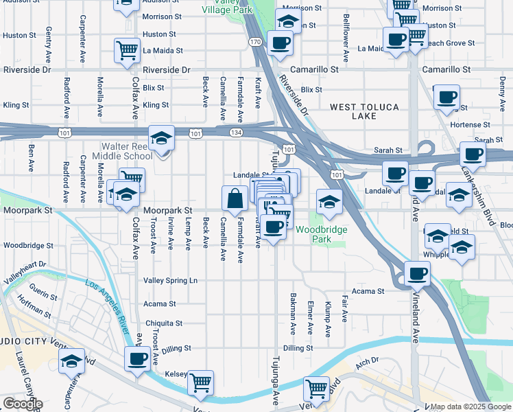 map of restaurants, bars, coffee shops, grocery stores, and more near 4413 Tujunga Avenue in Los Angeles