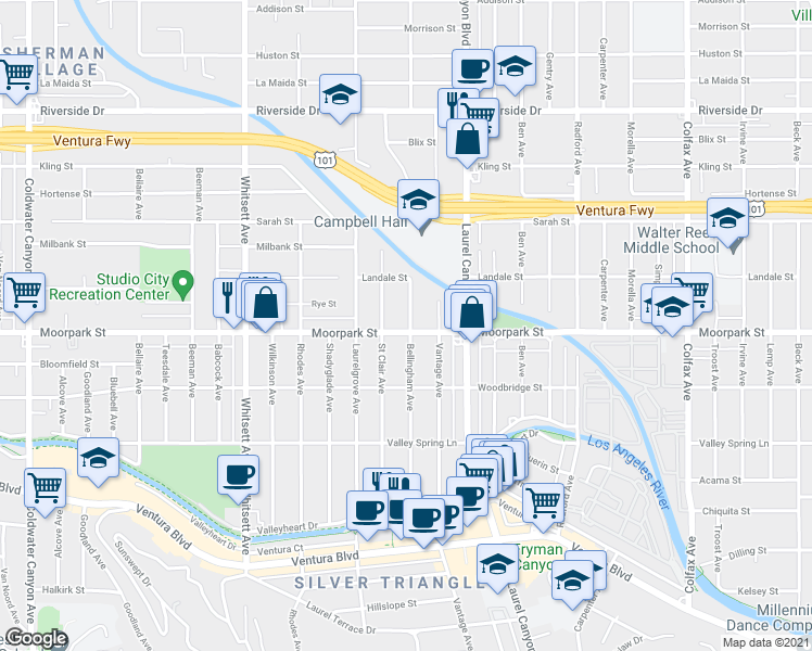 map of restaurants, bars, coffee shops, grocery stores, and more near in Los Angeles