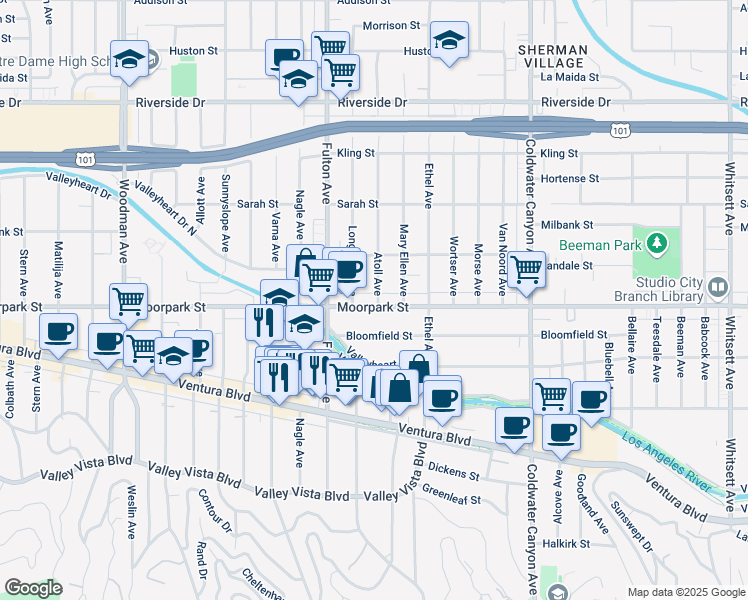 map of restaurants, bars, coffee shops, grocery stores, and more near 13203 Moorpark Street in Los Angeles