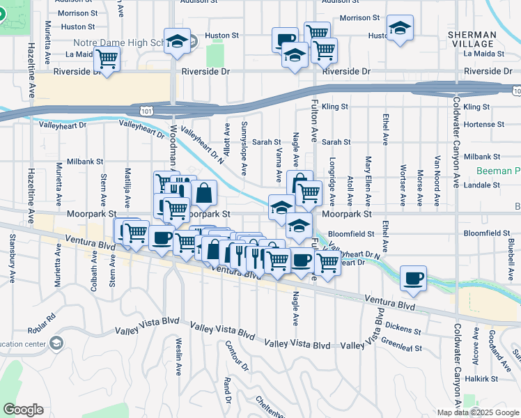 map of restaurants, bars, coffee shops, grocery stores, and more near 13443 Moorpark Street in Los Angeles