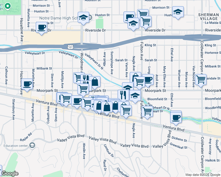map of restaurants, bars, coffee shops, grocery stores, and more near 13443 Moorpark Street in Los Angeles