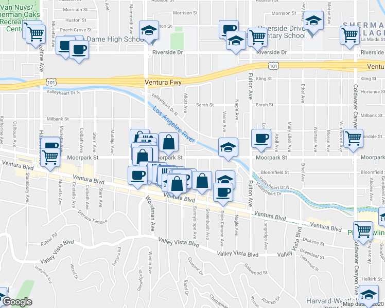 map of restaurants, bars, coffee shops, grocery stores, and more near 4411 Allott Avenue in Los Angeles